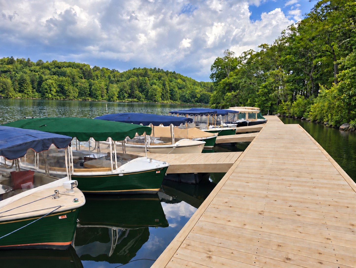 Classic electric boats with dark green hulls and a green bimini beside a timber dock and wooded shoreline