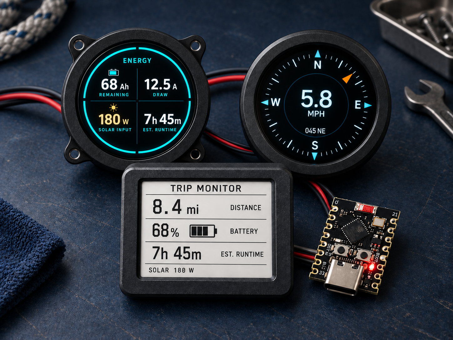 ESP32 display concepts with Ah remaining, current draw, solar input, estimated runtime, compass and MPH, and an e-paper trip monitor