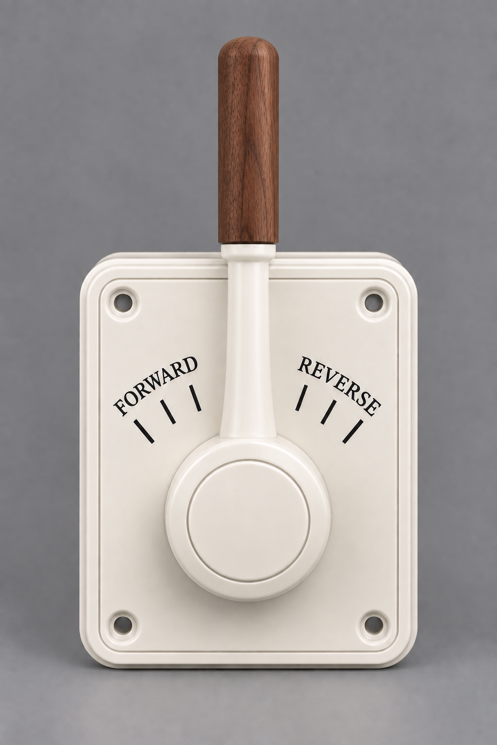 Retro wig-wag throttle with a white faceplate and one centered lever with a walnut grip